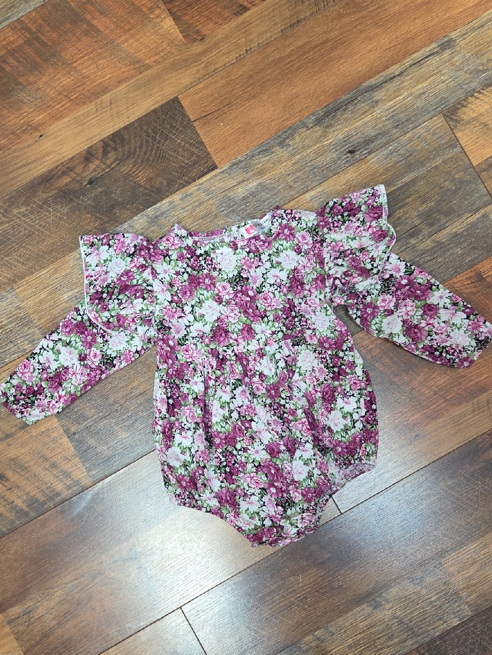 Vogue Fashion Purple, Green, & White Floral Ruffle Long Sleeve Romper, Size 90
